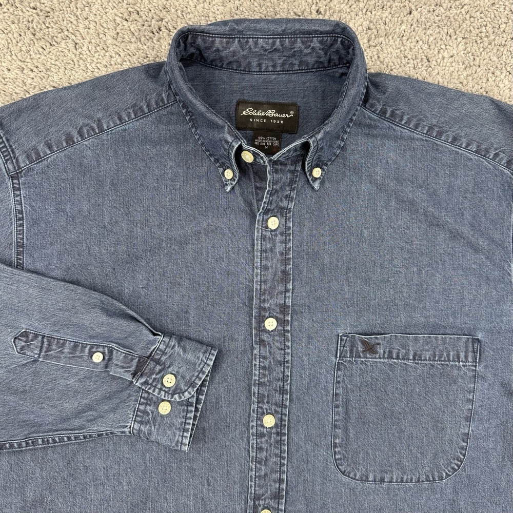 Eddie Bauer Denim Shirt Men's M Blue VTG 90s Long Sleeve Button Down Country